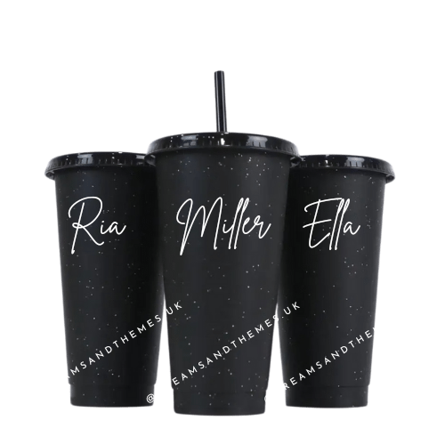 Personalised Black Glitter Cup W/Straw